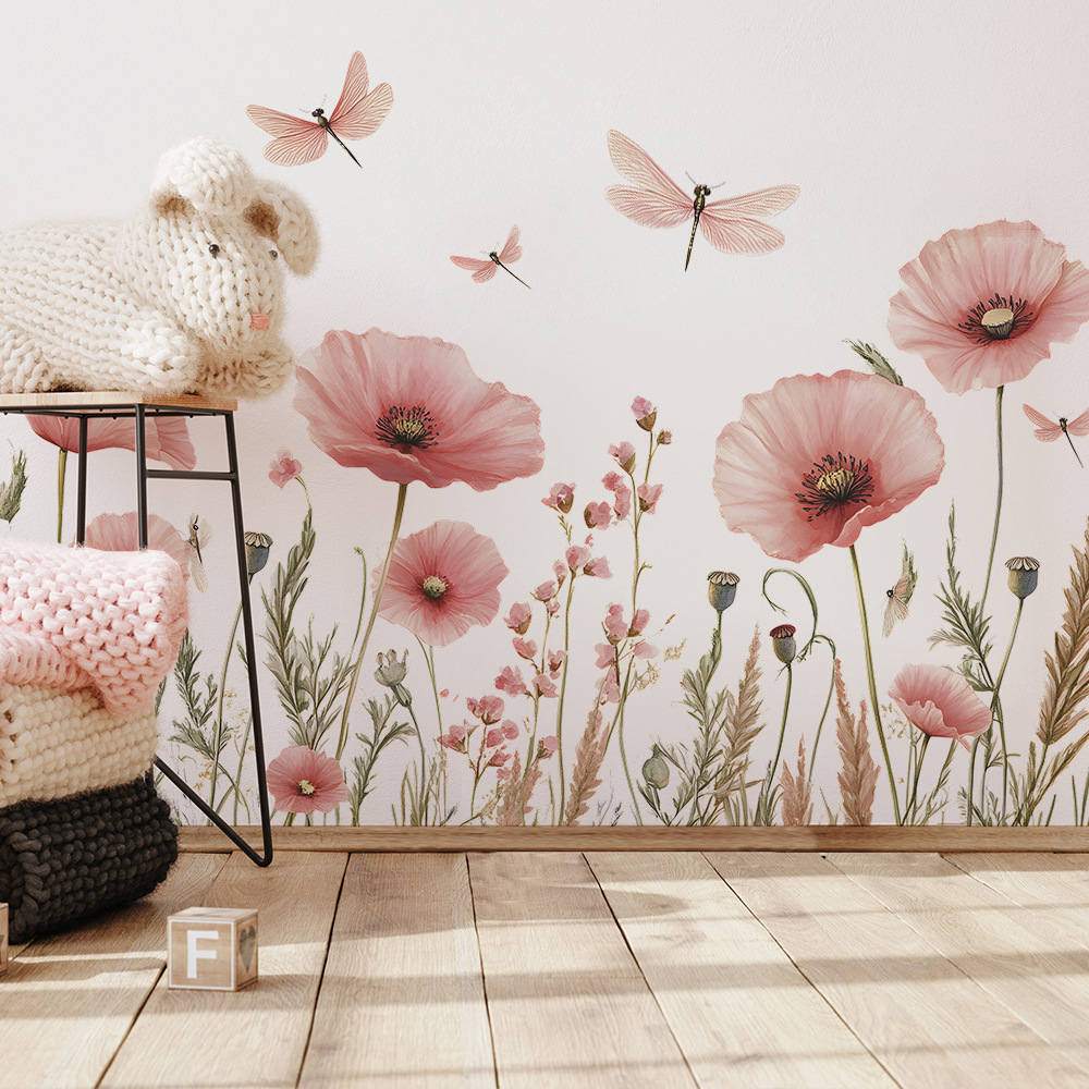 Home Cinema Wall - Watercolor Pink Flowers Dragonfly Wall Stickers